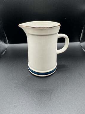 Vintage Nitto Meadow Stone Japan Creamer Pitcher Blue Brown Band Stoneware